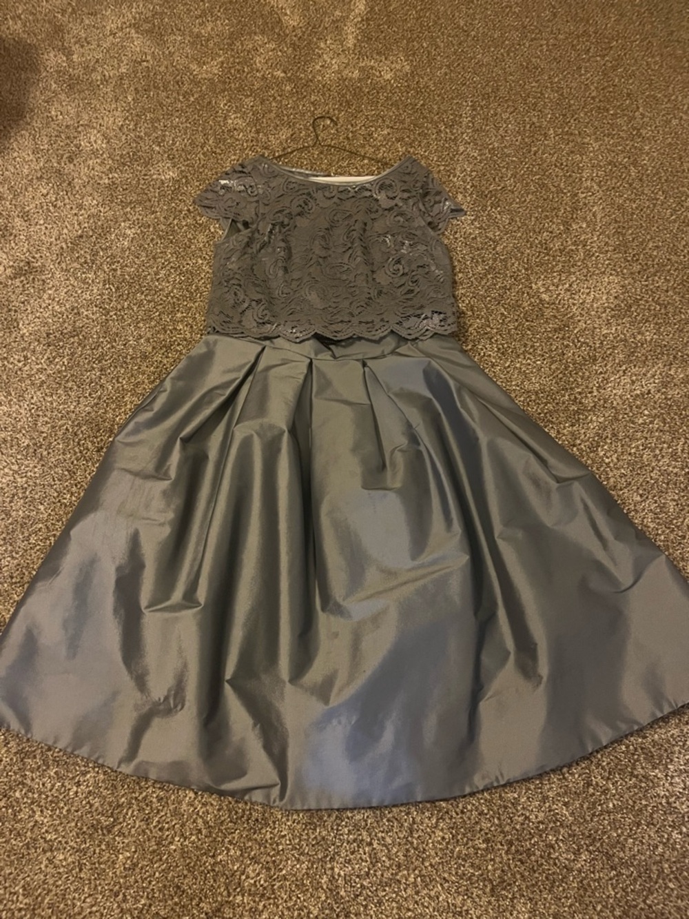 Elegant Gray Lace Crop Top and Satin-Look Skirt.